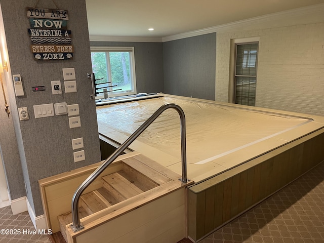 117 Creekview Rd, New Bern, NC 28562 - unfurnished living room with a wall mounted air conditioner, ceiling fan, stairs, a fireplace, and ornamental molding