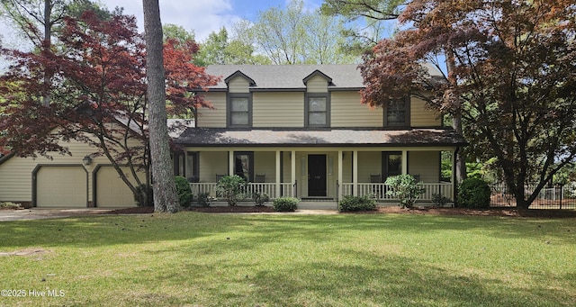 112 Reynard Path, Clinton, NC 28328 - country-style home with a shingled roof, covered porch, a garage, a front lawn, and driveway