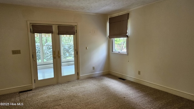 112 Reynard Path, Clinton, NC 28328 - entryway with baseboards, carpet flooring, french doors, a textured ceiling, and visible vents