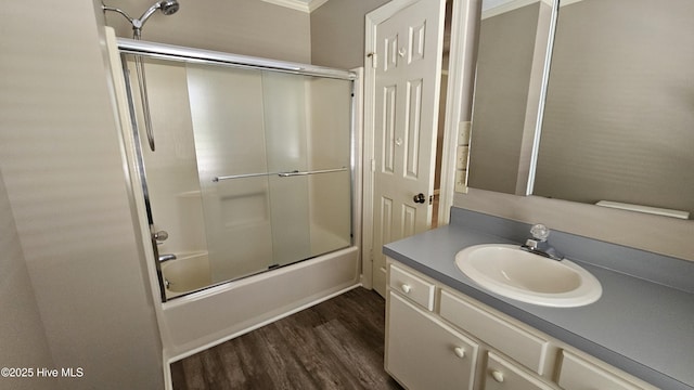 112 Reynard Path, Clinton, NC 28328 - bathroom with vanity, enclosed tub / shower combo, and wood finished floors