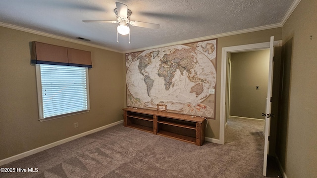 112 Reynard Path, Clinton, NC 28328 - spare room featuring ceiling fan, ornamental molding, visible vents, carpet floors, and baseboards