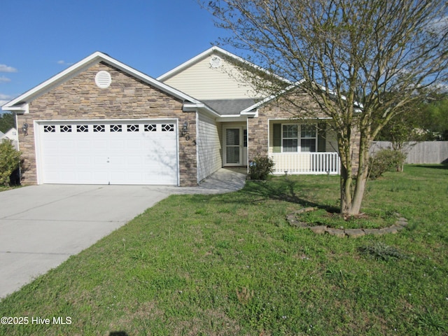 single story home with a front lawn, a garage, driveway, stone siding, and fence