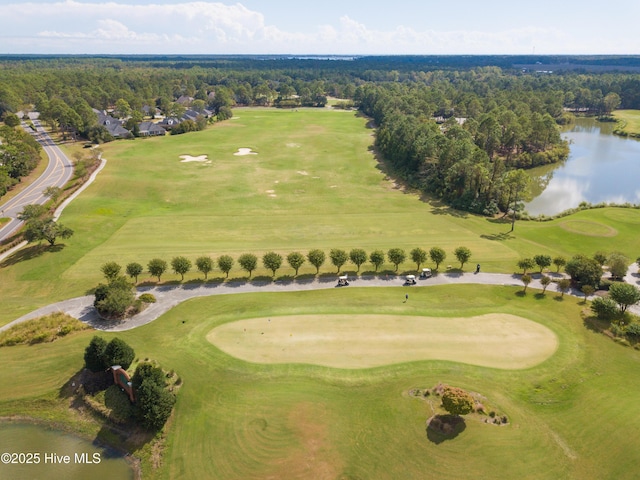 drone / aerial view featuring a water view and golf course view
