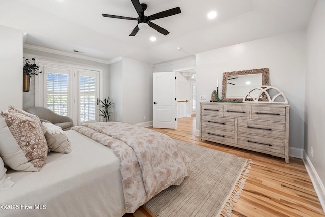 bedroom with light wood-type flooring, baseboards, recessed lighting, access to outside, and crown molding