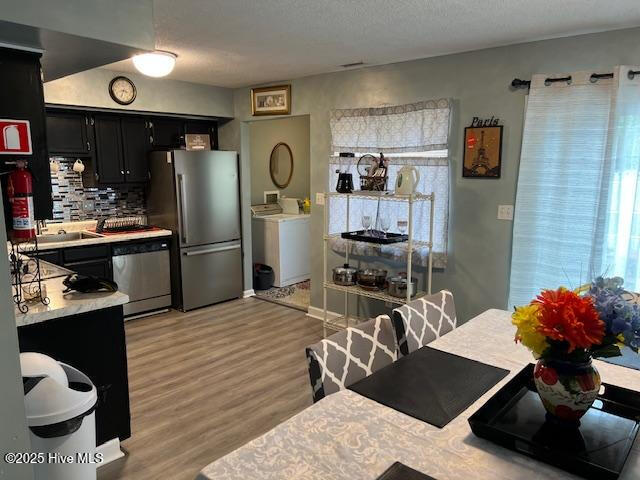 kitchen featuring decorative backsplash, light countertops, stainless steel appliances, light wood-style floors, and dark cabinetry