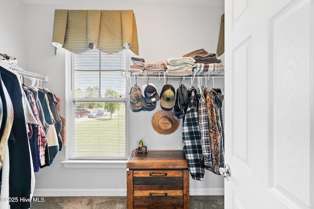 walk in closet with carpet