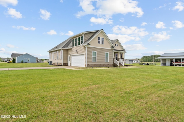 craftsman-style home with cooling unit, a garage, a front yard, and driveway