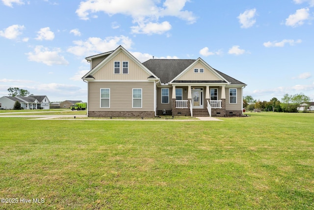 craftsman-style home with a porch, crawl space, and a front lawn
