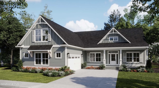 craftsman house featuring driveway, a front yard, covered porch, board and batten siding, and a garage