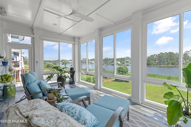 2821 Harborside Way, Southport, NC 28461 - sunroom / solarium with a water view, ceiling fan, and wood finished floors