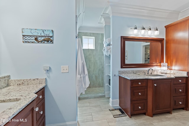 2821 Harborside Way, Southport, NC 28461 - bathroom with ornamental molding, two vanities, a shower with curtain, tile patterned floors, and baseboards