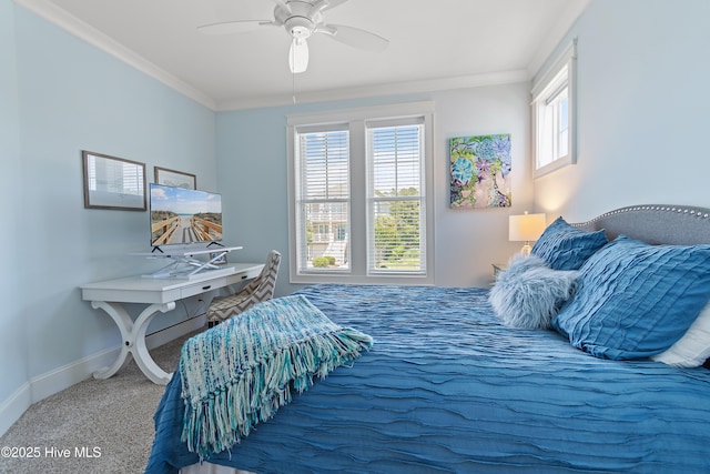 2821 Harborside Way, Southport, NC 28461 - bedroom with baseboards, carpet, ornamental molding, and a ceiling fan