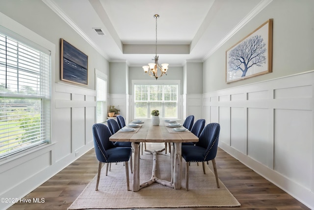 1331 Landover Dr SW, Ocean Isle Beach, NC 28469 - dining space featuring a decorative wall, a tray ceiling, a chandelier, a wainscoted wall, and dark wood-style flooring