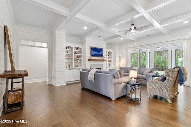 580 Jackline Dr, Hampstead, NC 28443 - living room with a fireplace, dark wood-style floors, a ceiling fan, beam ceiling, and coffered ceiling