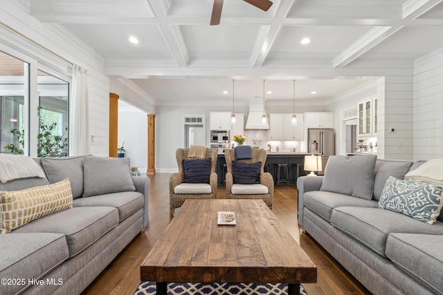 580 Jackline Dr, Hampstead, NC 28443 - living room featuring ceiling fan, dark wood finished floors, recessed lighting, coffered ceiling, and beam ceiling