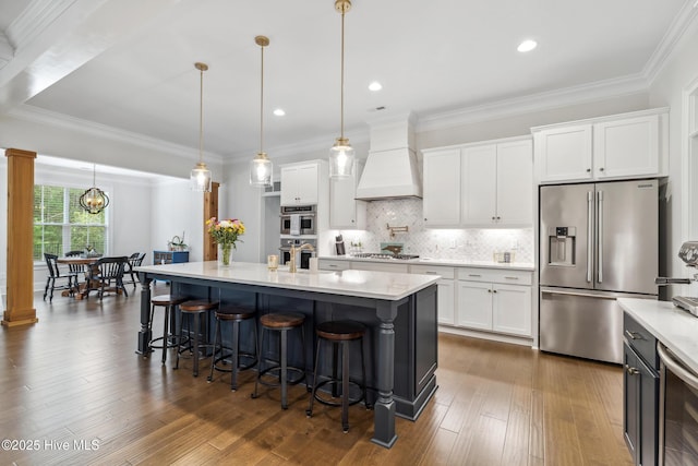 580 Jackline Dr, Hampstead, NC 28443 - kitchen featuring wine cooler, custom range hood, white cabinets, and stainless steel appliances