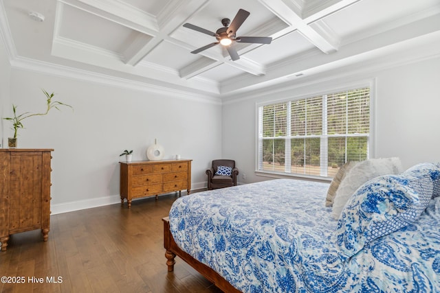 580 Jackline Dr, Hampstead, NC 28443 - bedroom featuring crown molding, beamed ceiling, coffered ceiling, baseboards, and dark wood-style floors