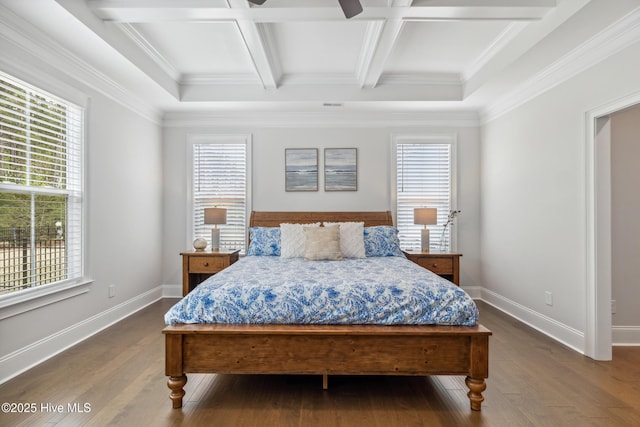 580 Jackline Dr, Hampstead, NC 28443 - bedroom featuring coffered ceiling, beamed ceiling, baseboards, and dark wood-style floors
