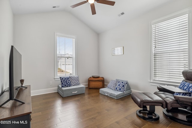 580 Jackline Dr, Hampstead, NC 28443 - sitting room featuring wood finished floors, visible vents, a ceiling fan, and vaulted ceiling