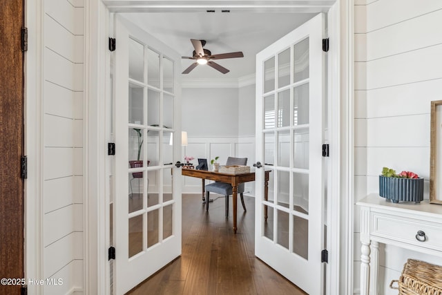 580 Jackline Dr, Hampstead, NC 28443 - doorway with a decorative wall, ornamental molding, ceiling fan, dark wood-style floors, and french doors