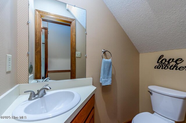 138 Stonebridge Trl, Havelock, NC 28532 - bathroom with vanity, lofted ceiling, a textured ceiling, and toilet