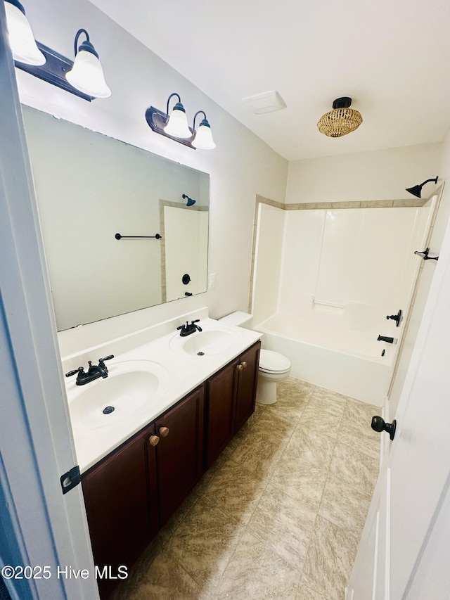 full bath featuring double vanity, a sink, a combined bath / shower with rainfall shower, and toilet