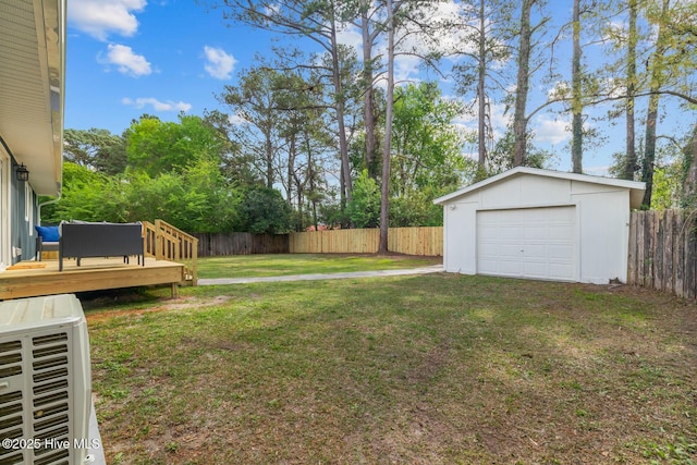 view of yard with an outbuilding, a fenced backyard, and a deck