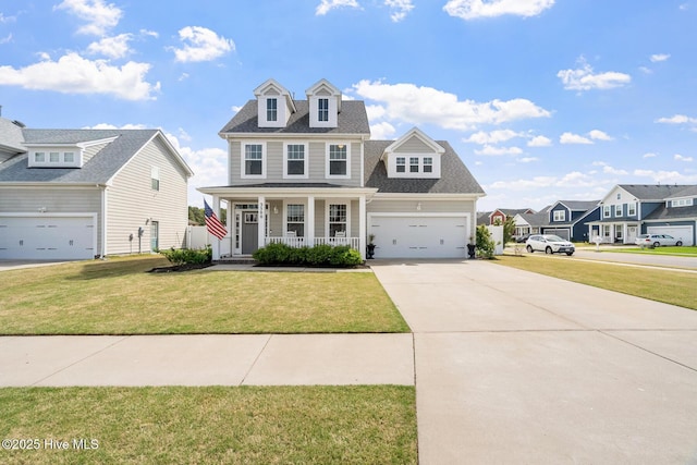 view of front facade featuring a porch, concrete driveway, a front lawn, a residential view, and roof with shingles