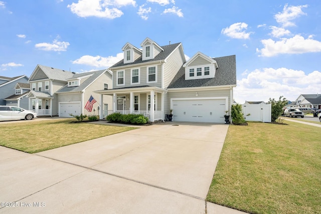 view of front facade featuring a porch, roof with shingles, a front yard, concrete driveway, and a residential view