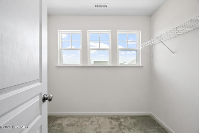 spacious closet with visible vents and carpet floors