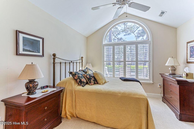105 W Chelsea Ct, Southern Pines, NC 28387 - bedroom featuring visible vents, baseboards, a ceiling fan, light carpet, and lofted ceiling