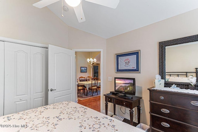 105 W Chelsea Ct, Southern Pines, NC 28387 - bedroom with a closet, vaulted ceiling, and ceiling fan with notable chandelier