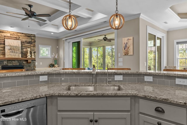 8549 Oak Abbey Trl NE, Leland, NC 28451 - kitchen featuring a sink, ceiling fan, dishwasher, ornamental molding, and hanging light fixtures