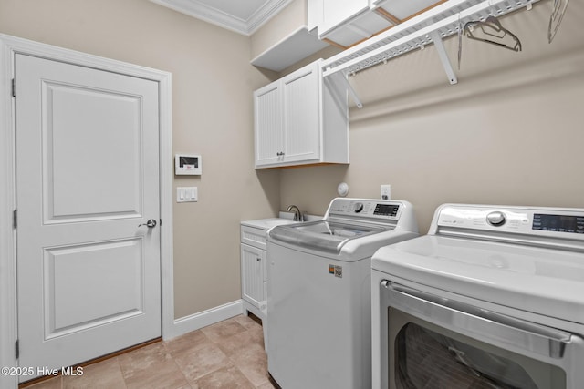 8549 Oak Abbey Trl NE, Leland, NC 28451 - laundry area with ornamental molding, a sink, baseboards, washer and dryer, and cabinet space