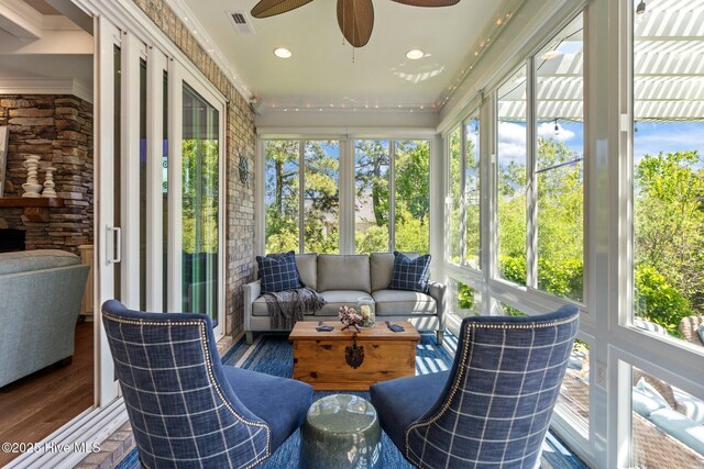 8549 Oak Abbey Trl NE, Leland, NC 28451 - sunroom with an outdoor living space, ceiling fan, french doors, and visible vents