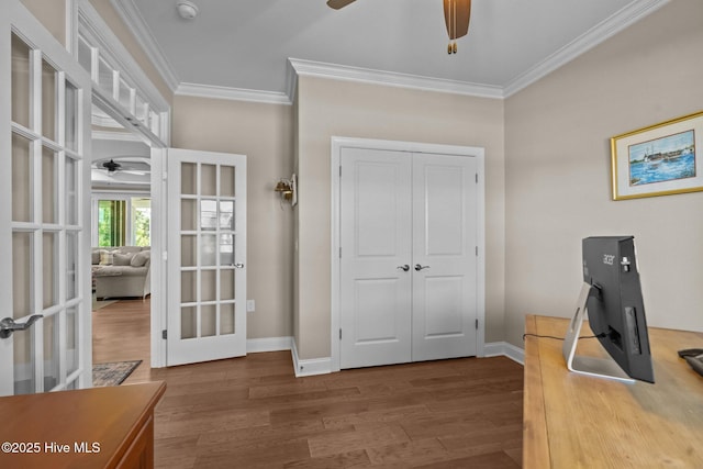 8549 Oak Abbey Trl NE, Leland, NC 28451 - office area featuring french doors, ornamental molding, and ceiling fan