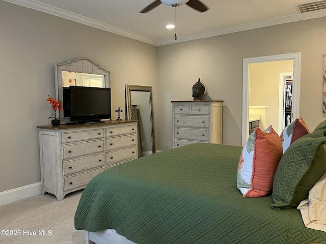 bedroom featuring crown molding, light colored carpet, recessed lighting, baseboards, and visible vents