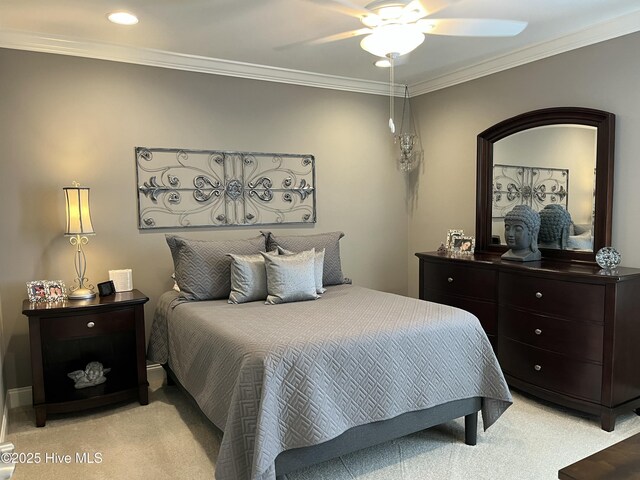 bedroom featuring crown molding, recessed lighting, a ceiling fan, and light colored carpet