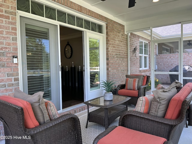exterior space with ceiling fan