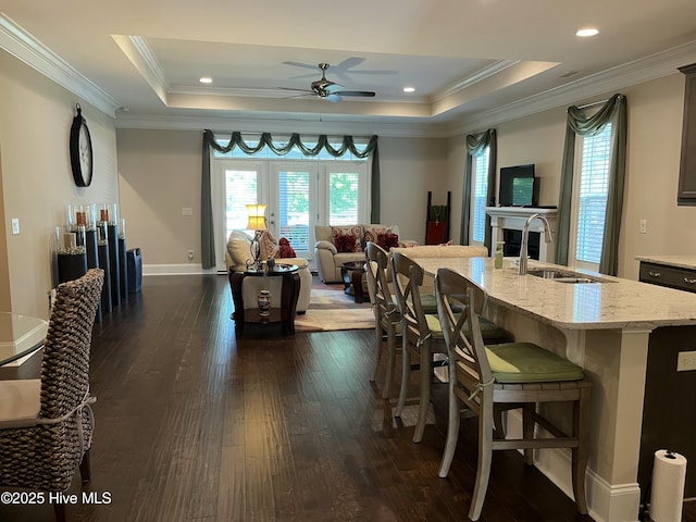 kitchen featuring a ceiling fan, a tray ceiling, and dark wood finished floors