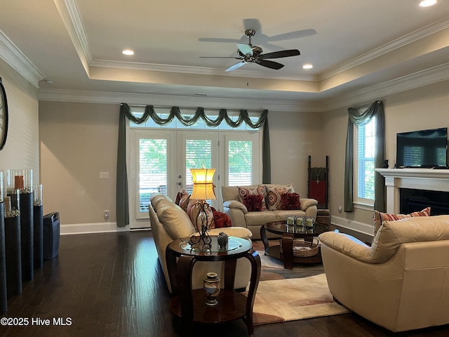 living area featuring a ceiling fan, dark wood finished floors, a tray ceiling, and a fireplace