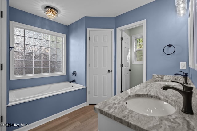 bathroom with wood finished floors, double vanity, a sink, and a garden tub