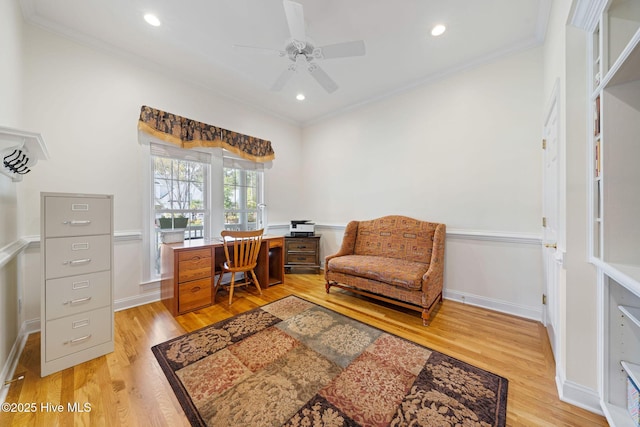 office space with recessed lighting, light wood-style flooring, ornamental molding, and a ceiling fan
