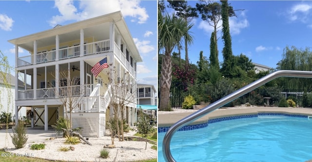 exterior space with a ceiling fan, a carport, a balcony, an outdoor pool, and stairs
