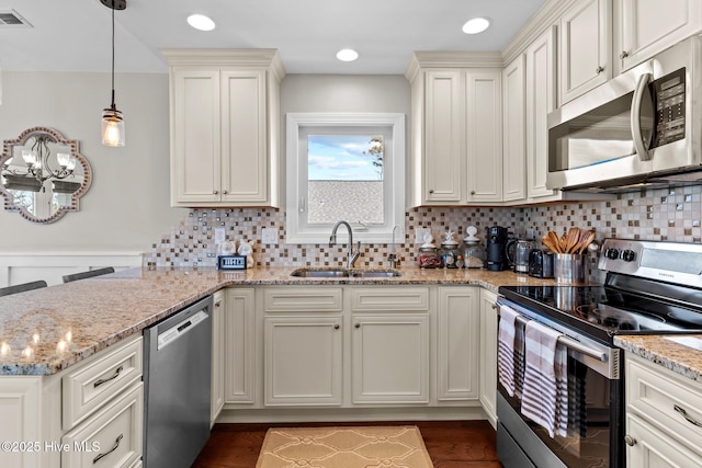 kitchen featuring a peninsula, backsplash, visible vents, stainless steel appliances, and a sink