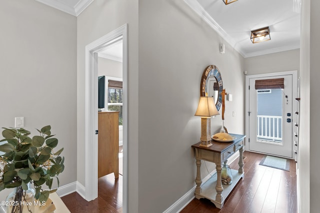 interior space with wood finished floors, baseboards, and ornamental molding