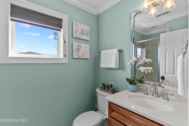 bathroom featuring crown molding, visible vents, toilet, and vanity
