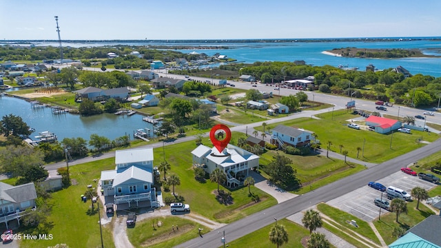 drone / aerial view featuring a water view