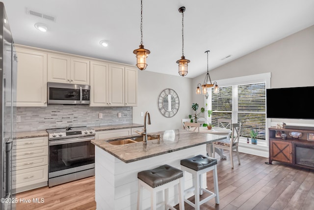 107 SW 25th St, Oak Island, NC 28465 - kitchen with lofted ceiling, visible vents, a sink, decorative backsplash, and appliances with stainless steel finishes