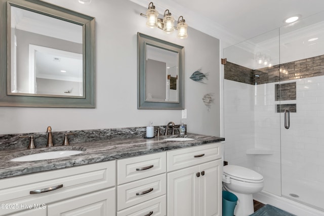 107 SW 25th St, Oak Island, NC 28465 - bathroom featuring a sink, double vanity, ornamental molding, and a stall shower